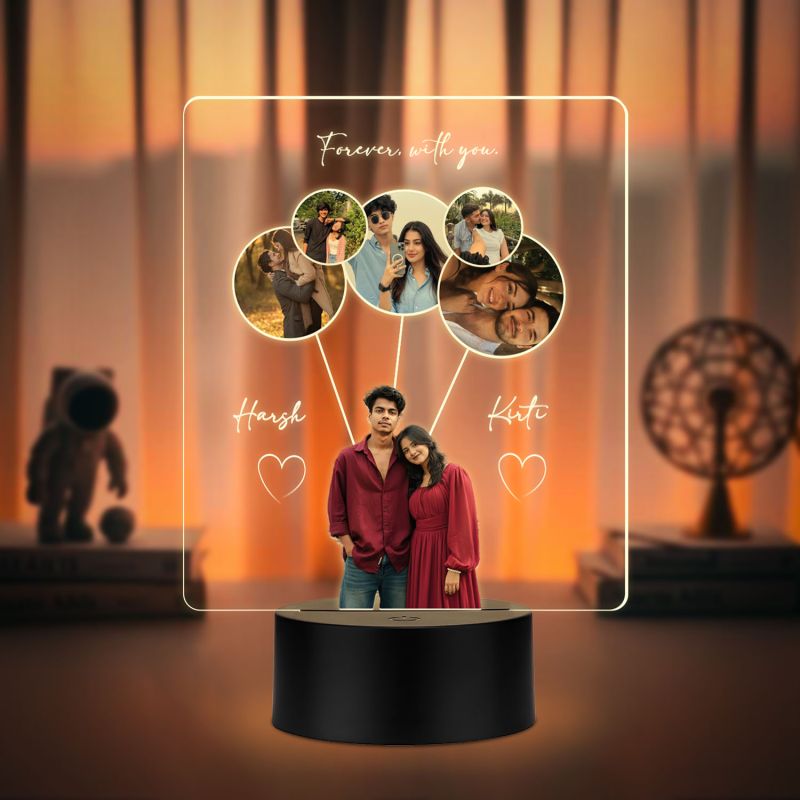 Personalized Photo Collage LED Night Light with Names Forever with You Warm White Base Valentines Day, Birthday Gift for Couples